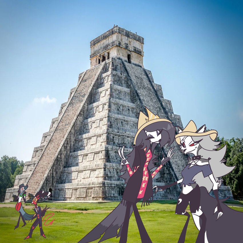 anthro clothing female group hat headgear headwear male mexico photo_background pyramid vacation splendidsplend8 helluva_boss loona_in_mexico mythology blitzo_(helluva_boss) loona_(helluva_boss) octavia_(helluva_boss) stolas_(helluva_boss) avian bird canid canid_demon canine demon hellhound humanoid imp mammal mythological_canine mythological_creature owl owl_demon 1:1 2022 absurd_res hi_res meme mixed_media photography_(artwork)