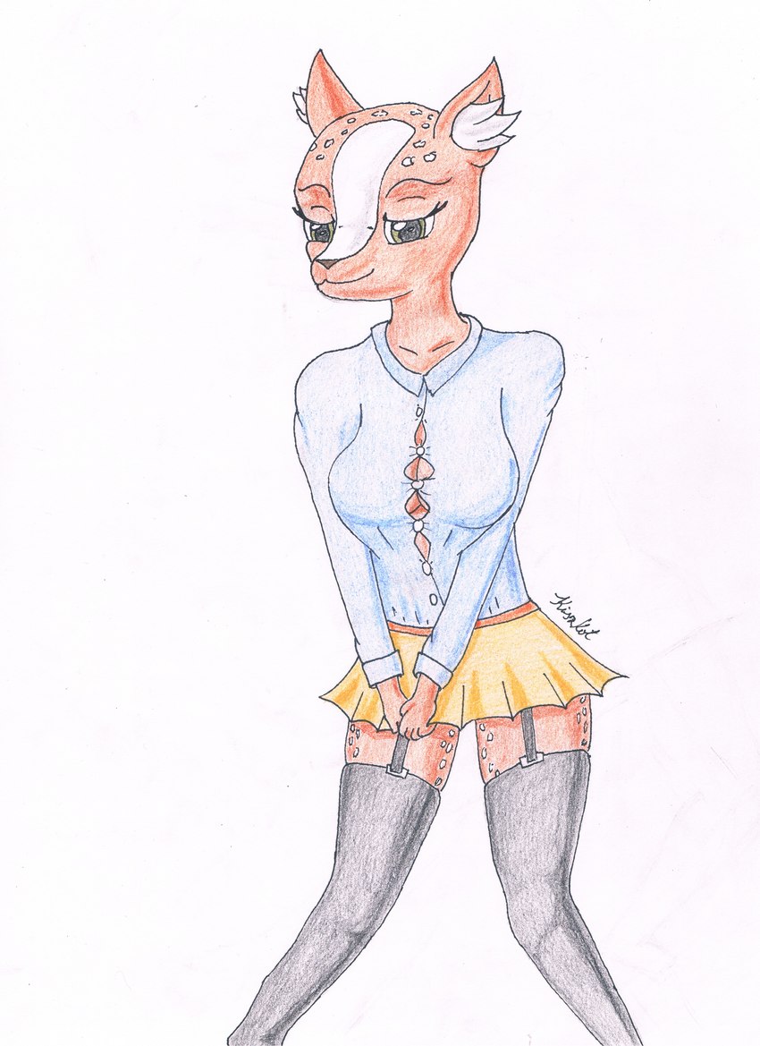 anthro bottomwear breasts brown_body brown_fur clothed clothing female footwear fur garter_belt garter_straps inner_ear_fluff legwear miniskirt olive_eyes shirt simple_background skirt solo spots stockings text topwear tuft white_background white_spots kiszkot deer mammal absurd_res colored_pencil_(artwork) english_text graphite_(artwork) hi_res signature traditional_media_(artwork)