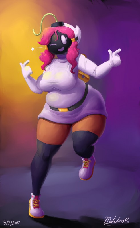 abstract_background big_breasts breasts clothing empty_eyes eyelashes female for_a_head fuse gesture hair hand_gesture hood legwear looking_at_viewer not_furry one_eye_closed pink_hair pointing slightly_chubby smile solo star stockings white_emanata white_eyes wide_hips wind-up_key wink mataknight outta_sync mario_bros nintendo shy-bomb bob-omb bomb_humanoid humanoid hybrid living_bomb object_head shyguy 2017 full-length_portrait hi_res portrait signature