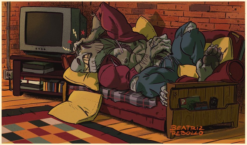 anthro clothed clothing electronics furniture headache hoodie male muscular muscular_male nipples pecs rug sofa solo television topwear beatriz_rebollo mythology nathan_(beatriz) canid canine mammal mythological_canine mythological_creature werecanid werecanine werecreature werewolf hi_res