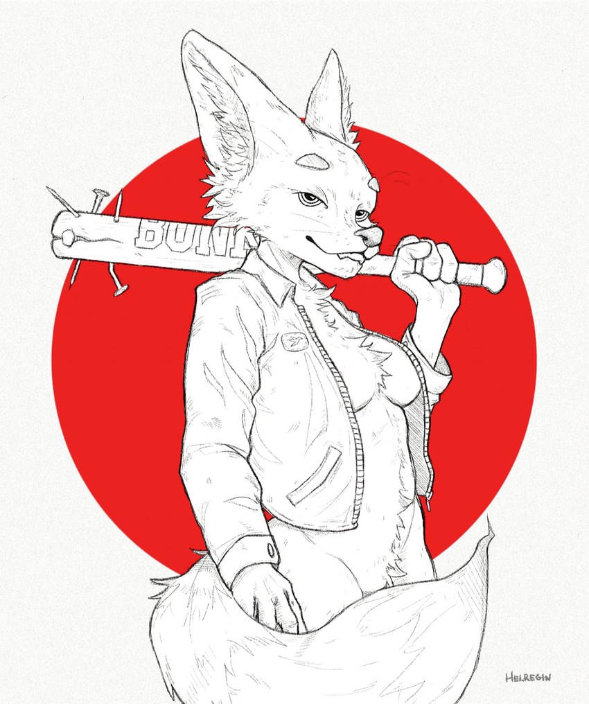 4_fingers anthro baseball_bat bat_(object) bite biting_lip breasts clothing female fingers fluffy fluffy_tail jacket leather leather_clothing leather_jacket leather_topwear partial_nudity smile smirk solo tail topwear weapon weapon_on_shoulder helregin canid canine fox mammal hi_res