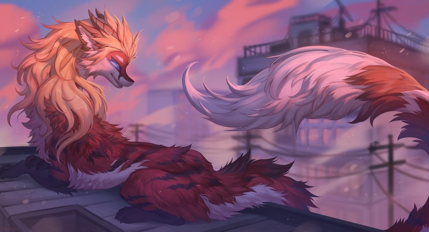 blonde_hair building cheek_tuft city city_background cityscape claws cloud dignified ears_back facial_tuft feral fluffy fluffy_tail fur hair horn leg_markings long_body long_mane long_neck long_tail looking_back lying markings multicolored_body on_front open_mouth open_smile outside paws pivoted_ears power_lines raised_head red_body red_fur rooftop sky smile socks_(marking) solo striped_body stripes tail tail_tuft tuft two_tone_body white_body white_fur window hioshiru mythology dragon mythological_creature mythological_scalie scalie wingless_dragon 2023