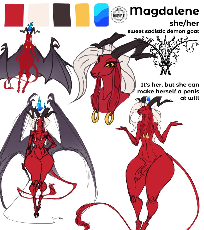 anthro female hair herm horn intersex piercing red_body smile solo text white_hair jackneft bovid caprine caprine_demon demon goat goat_demon mammal absurd_res english_text hi_res