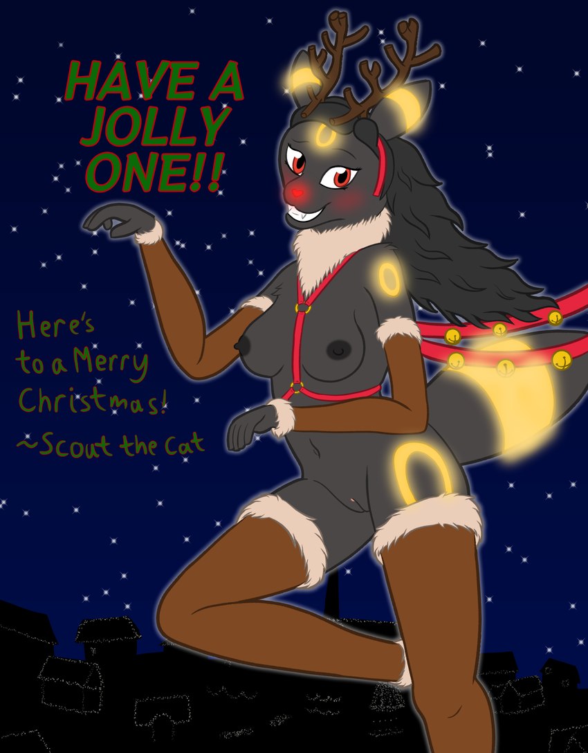 anthro areola armwear bell bell_harness black_areola black_body black_fur black_hair blush breasts brown_clothing christmas_decorations christmas_lights clitoris clothing female fur fur_clothing genitals glowing glowing_markings hair harness holidays jingle_bell jingle_bell_harness legwear mane markings nipples pose pussy red_eyes red_nose reindeer_antlers reindeer_costume sky smile smiling_at_viewer solo star starry_sky text scoutthecat02 christmas nintendo pokemon julie_cassels eeveelution generation_2_pokemon pokemon_(species) umbreon english_text hi_res