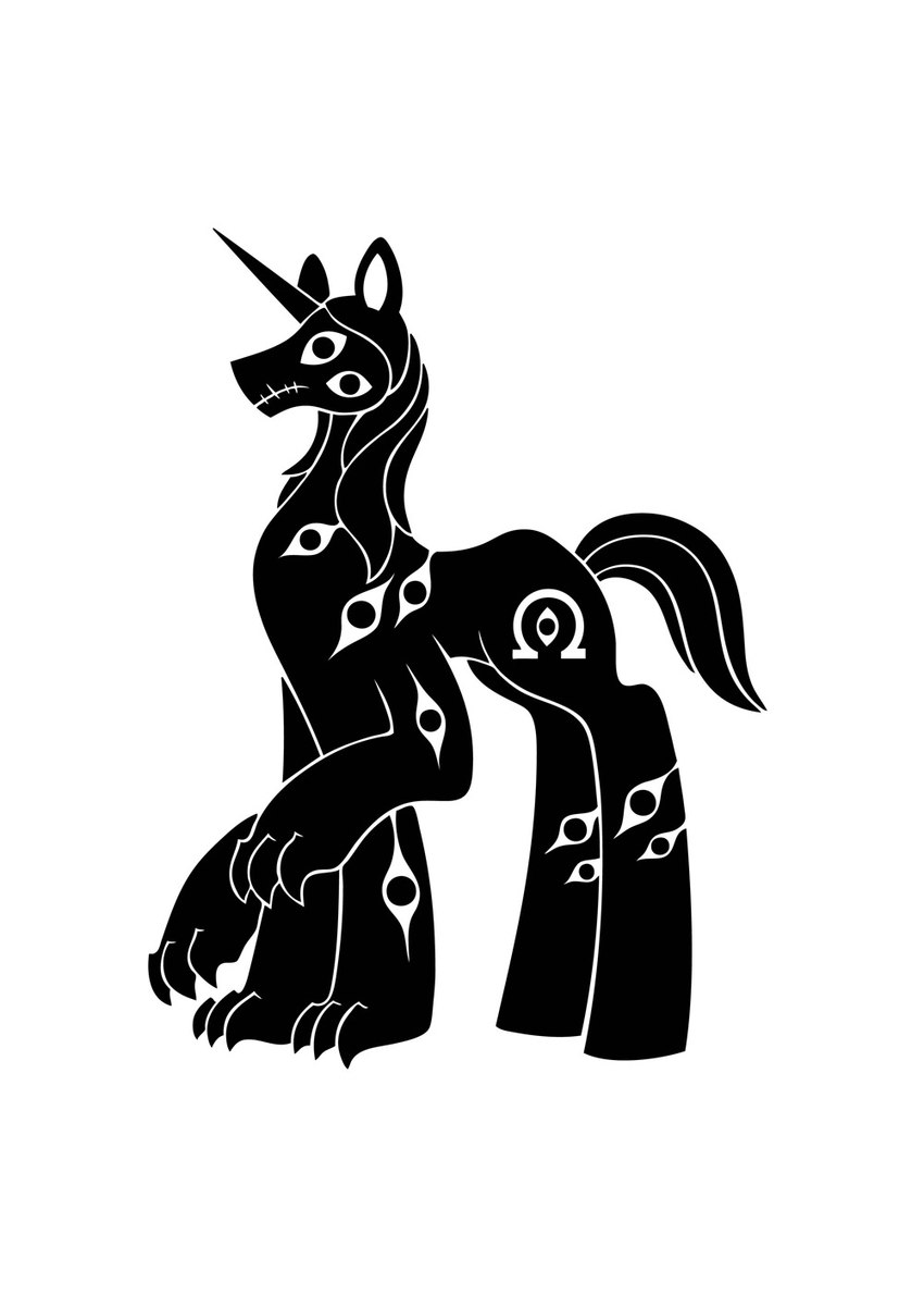 1_horn 3_claws 6_legs alternate_species chest_eye clawed_hooves claws cutie_mark eyes_on_arms eyes_on_legs feral front_view hooves horn male mane multi_eye omega_symbol paws ponification quadruped sewn_mouth sharp_horn side_view silhouette simple_background solo standing straight_horn tail text three-quarter_view unguligrade unicorn_horn white_background white_text sunnyclockwork hasbro my_little_pony mythology scp_foundation klavigar_nadox equid equine horse mammal mythological_creature mythological_equine pony unicorn 2015 black_and_white digital_drawing_(artwork) digital_media_(artwork) full-length_portrait greek_text hi_res monochrome portrait