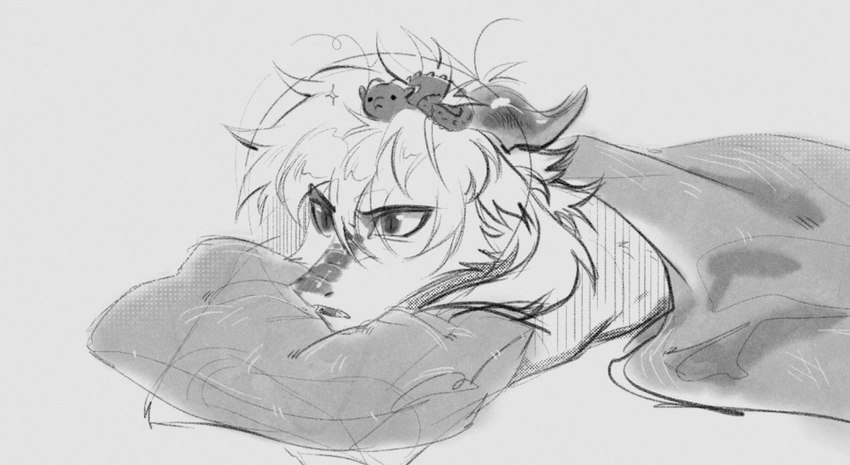 2_horns ambiguous_gender anthro carrying_another curled_up duo eyebrows feral fur hair horn larger_anthro lying on_front on_head on_pillow on_top open_mouth pillow pupils raised_eyebrow size_difference slit_pupils smaller_feral under_blanket unsigned ishimaurell mythology lemstrange_(lemas) dragon furred_dragon furred_scalie mythological_creature mythological_scalie scalie wingless_dragon 2023 comic greyscale monochrome