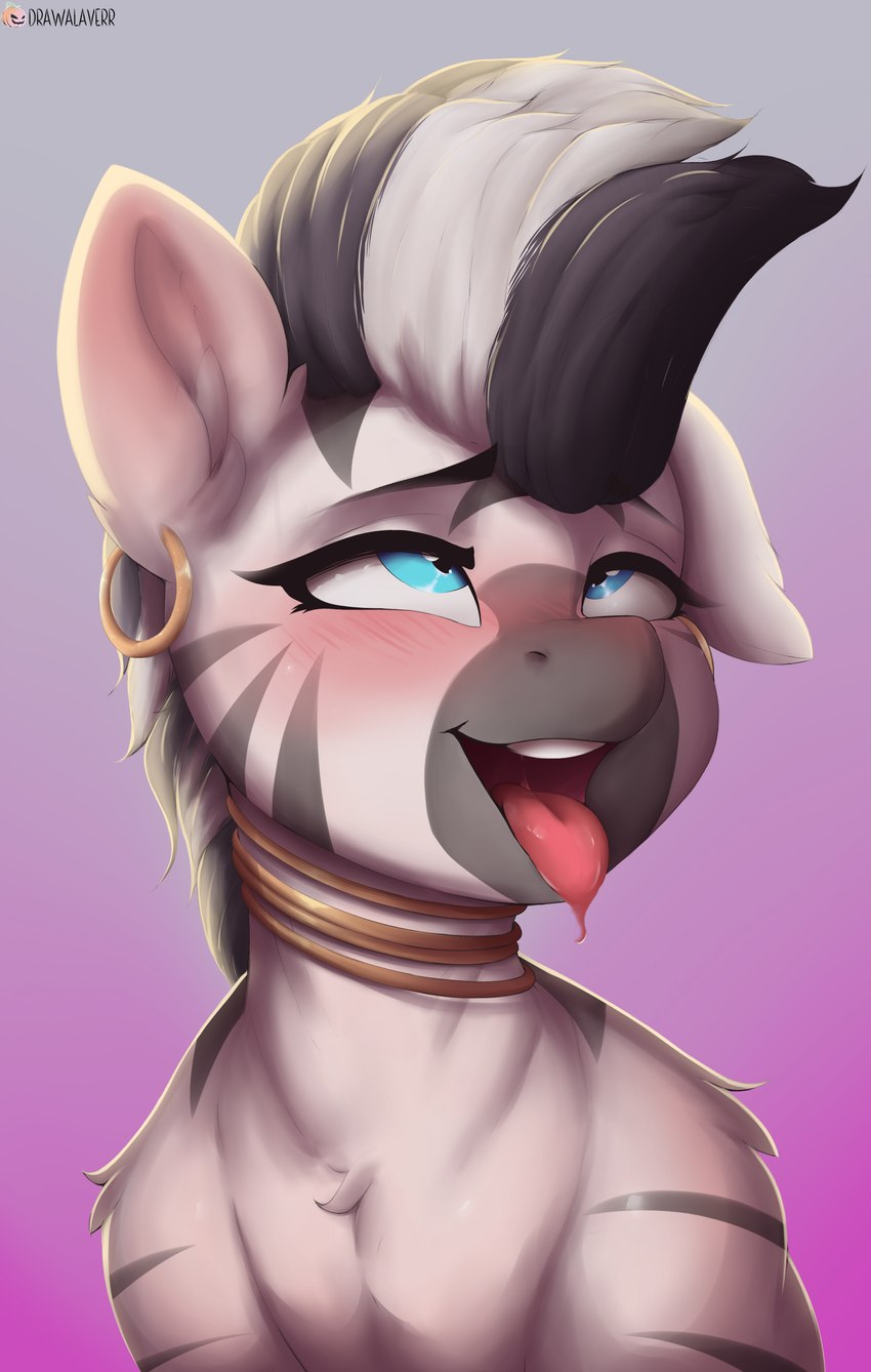 ahegao blush bodily_fluids drooling ear_piercing ear_ring female gradient_background looking_pleasured looking_up neck_ring one_ear_up open_mouth piercing ring_piercing saliva saliva_string silly silly_face simple_background solo stripes tongue tongue_out drawalaverr friendship_is_magic hasbro my_little_pony zecora_(mlp) equid equine horse mammal zebra absurd_res bust_portrait hi_res portrait