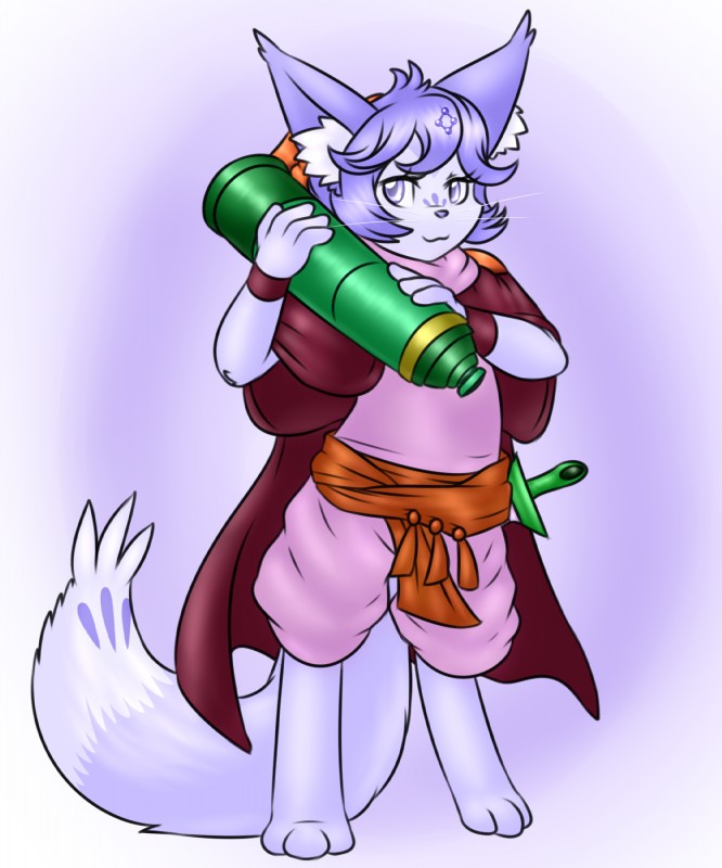 anthro cape cloak clothing digitigrade female fur hair melee_weapon pirate purple_body purple_eyes purple_fur purple_hair solo sword telescope weapon whiskers lamiaaaa konami yu-gi-oh! fur_hire recon_scout_fur_hire canid canine duel_monster fennec_fox fox mammal true_fox 2018 5:6 hi_res