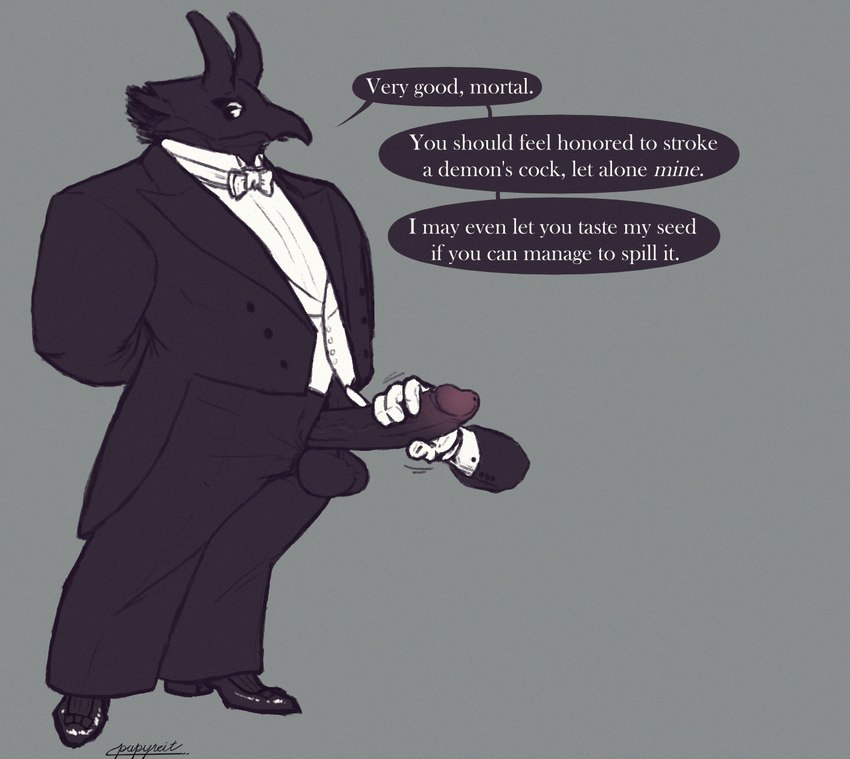 anthro balls beak big_penis black_body black_clothing black_footwear black_socks bow_tie classy clothing coat collar cuff_links dialogue disembodied_hand dress_pants dress_shirt dress_shoes erection footwear foreskin formal_wear genitals handjob horn male narcissism necktie overweight overweight_anthro overweight_male penile penis penis_poking_out penis_through_fly sex shirt socks solo speech_bubble spikes standing tailcoat text topwear vest white_necktie papyreit cassius_(papyreit) demon english_text hi_res