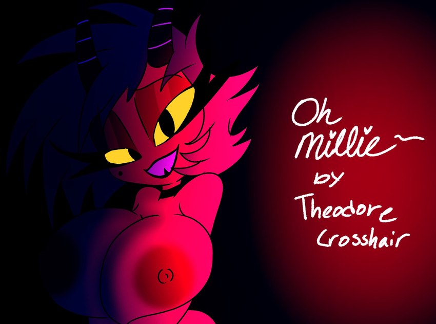 big_breasts black_hair breasts female hair horn nipples open_mouth open_smile red_body simple_background smile solo tail teeth thick_thighs yellow_sclera nsfwtheodore helluva_boss millie_(helluva_boss) demon demon_humanoid humanoid imp 2022 hi_res