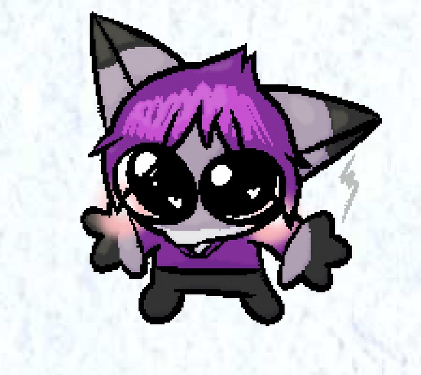 ambiguous_gender anthro big_ears big_eyes black_clothing black_leggings black_legwear blush chibi clothing cowlick emo_haircut grey_body hair heart_eyes heart_symbol hoodie leggings legwear messy_hair multicolored_body purple_clothing purple_hair solo topwear r3znor_x derrik_(r3znor_x) fish marine shark digital_media_(artwork) pixel_(artwork)