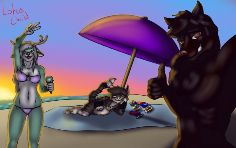 anthro beach bikini candy chocolate clothing dessert female food group looking_at_viewer male minty seaside smile swimwear trio two-piece_swimsuit lotuschild lotus_(lotuschild) canid canine canis deer domestic_cat felid feline felis mammal wolf 16:10 2019 digital_media_(artwork) widescreen