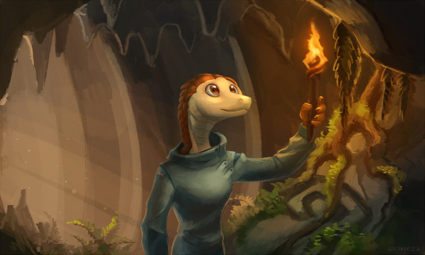 ambiguous_gender anthro detailed_background fire moss plant solo torch akineza lizard reptile scalie 2020 digital_media_(artwork)