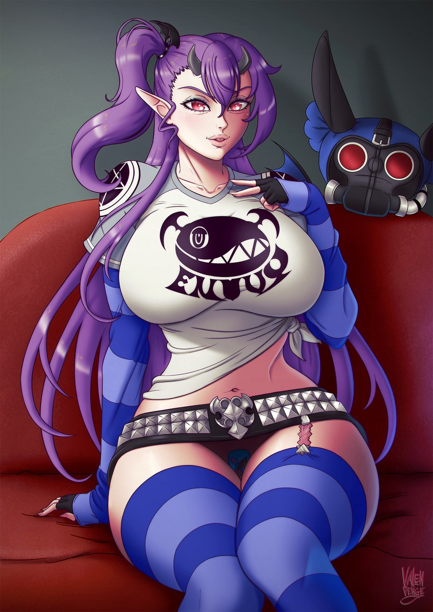 big_breasts breasts clothing female hair horn humanoid_pointy_ears legwear pattern_clothing pointy_ears purple_hair red_eyes small_horn solo striped_clothing stripes thigh_highs valenvenge sin_nanatsu_no_taizai leviathan_(sin_nanatsu_no_taizai) demon demon_humanoid humanoid 2023 digital_drawing_(artwork) digital_media_(artwork) hi_res