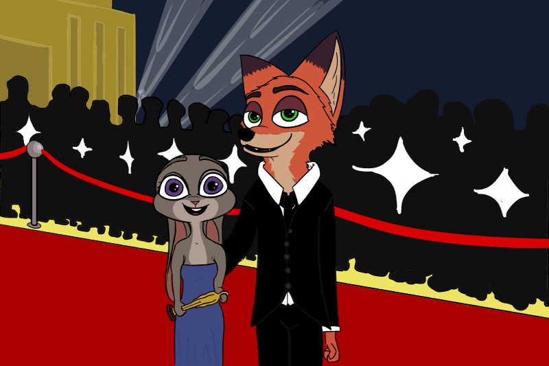 anthro award bare_shoulders black_tie_(suit) buckteeth clothed clothing crowd dipstick_ears dress duo_focus ear_markings ears_down female fully_clothed green_eyes group holding_award holding_object holding_oscar_statuette inner_ear_fluff long_ears multicolored_ears open_mouth open_smile oscar_statuette outside pivoted_ears purple_eyes silhouette size_difference smile suit teeth tuft wulfondraws academy_awards disney zootopia judy_hopps nick_wilde canid canine fox lagomorph leporid mammal rabbit red_fox true_fox 2017 3:2 hi_res