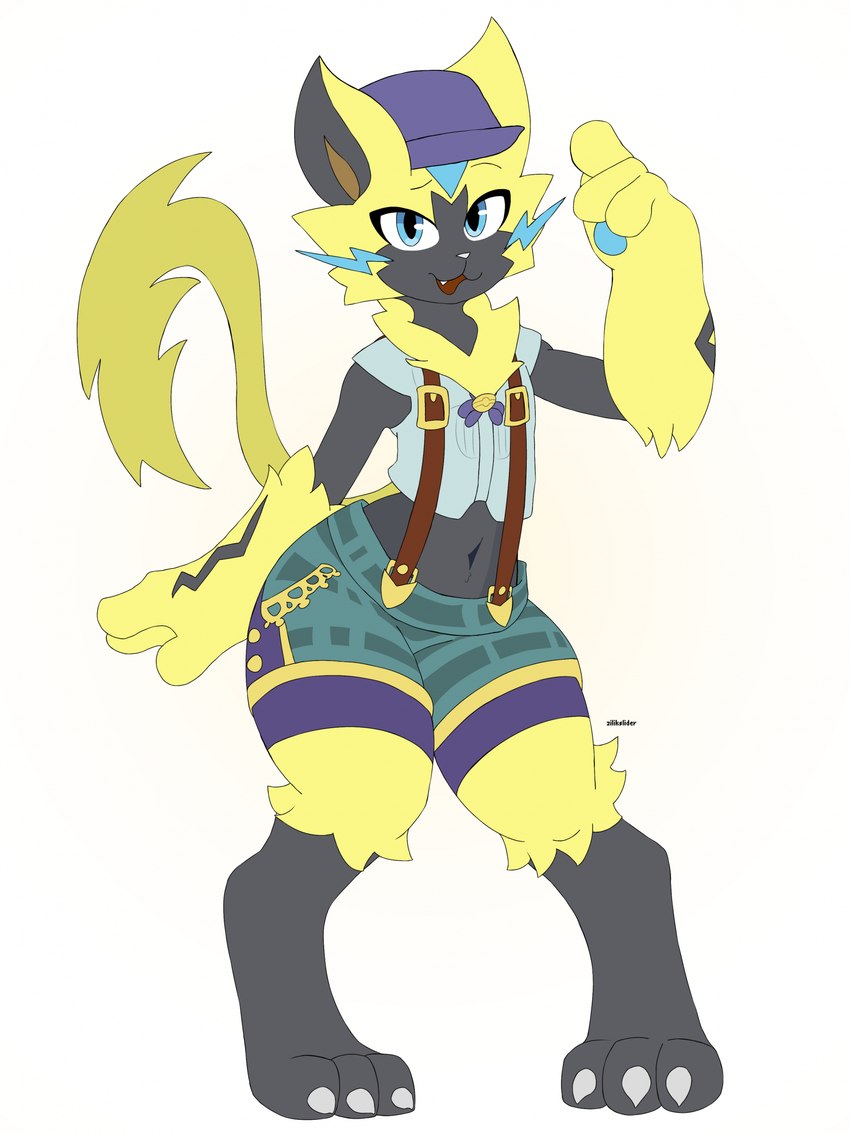 ambiguous_gender anthro bottomwear clothing femboy green_bottomwear green_clothing green_shorts midriff navel shorts solo zilikslider nintendo pokemon pokemon_unite fashionable_style_zeraora generation_7_pokemon legendary_pokemon pokemon_(species) zeraora 3:4 hi_res