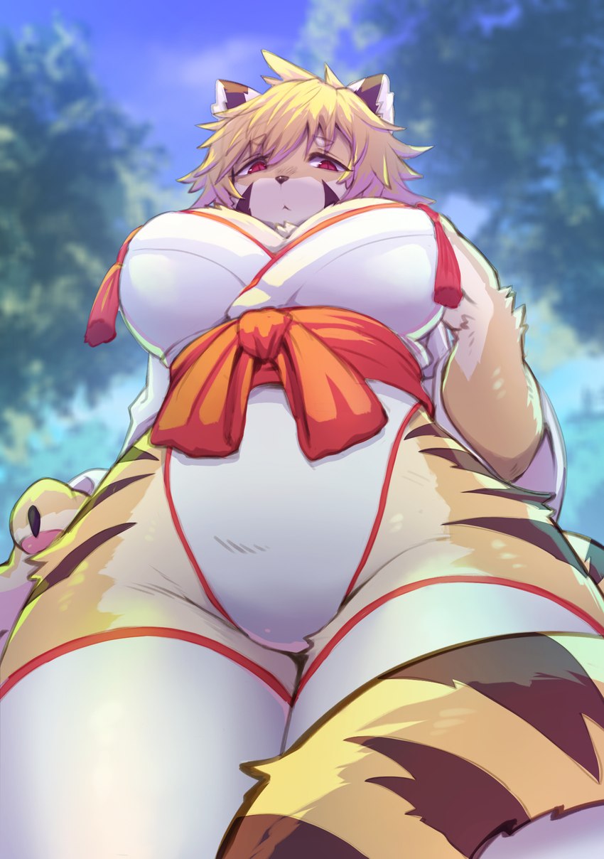 anthro asian_clothing big_breasts blonde_hair breasts brown_body brown_fur chinese_clothing claws clothed clothing east_asian_clothing female female_anthro finger_claws fingers fur hair high_cut_miko_outfit japanese_clothing kemono looking_at_viewer looking_down low-angle_view miko_outfit multicolored_body multicolored_fur multicolored_tail pawpads paws red_eyes short_hair solo standing tail thick_thighs white_body white_fur yellow_body yellow_fur hanadaiteol fuo_(hanadaiteol) felid mammal pantherine tiger 2022 digital_media_(artwork) hi_res