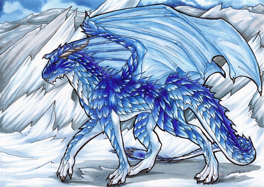 4_legs blue_body blue_eyes blue_scales claws fangs female feral gradient_scales horn ice membrane_(anatomy) membranous_wings mountain_range scales sky snow solo standing tail teeth toe_claws twisted_horns white_body white_scales wings dragonlovers natoli european_mythology mythology dremora dragon mythological_creature mythological_scalie scalie western_dragon 2011 absurd_res hi_res painting_(artwork) traditional_media_(artwork) watercolor_(artwork)