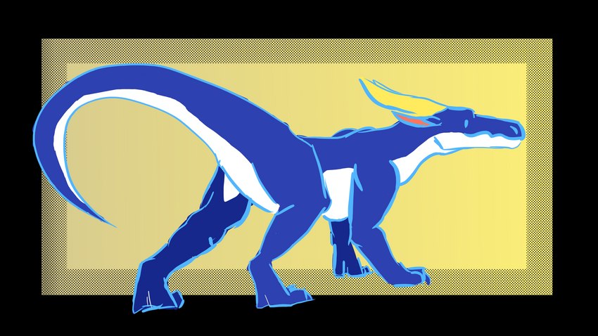 all_fours ambiguous_gender blue_body curious facing_aside feral gradient_background horn looking_aside male raised_tail simple_background simple_coloring simple_eyes simple_face snout solo tail two_tone_tail yellow_horn mythology dragon mythological_creature mythological_scalie reptile scalie 16:9 hi_res widescreen