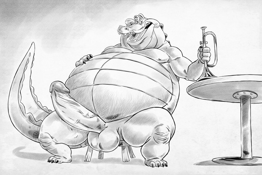 anthro balls belly big_belly brass_instrument claws erection fangs furniture genitals half-closed_eyes hand_on_belly holding_object holding_trumpet humanoid_genitalia humanoid_penis looking_at_viewer male musical_instrument narrowed_eyes nipples nude obese obese_anthro obese_male open_mouth overweight overweight_anthro overweight_male penis raised_tail scales sitting sitting_on_stool smile solo spread_legs spreading table tail teeth tongue trumpet vein veiny_penis ventral_scales wind_instrument furryrevolution disney the_princess_and_the_frog louis_(tpatf) alligator alligatorid crocodilian reptile scalie 2018 monochrome