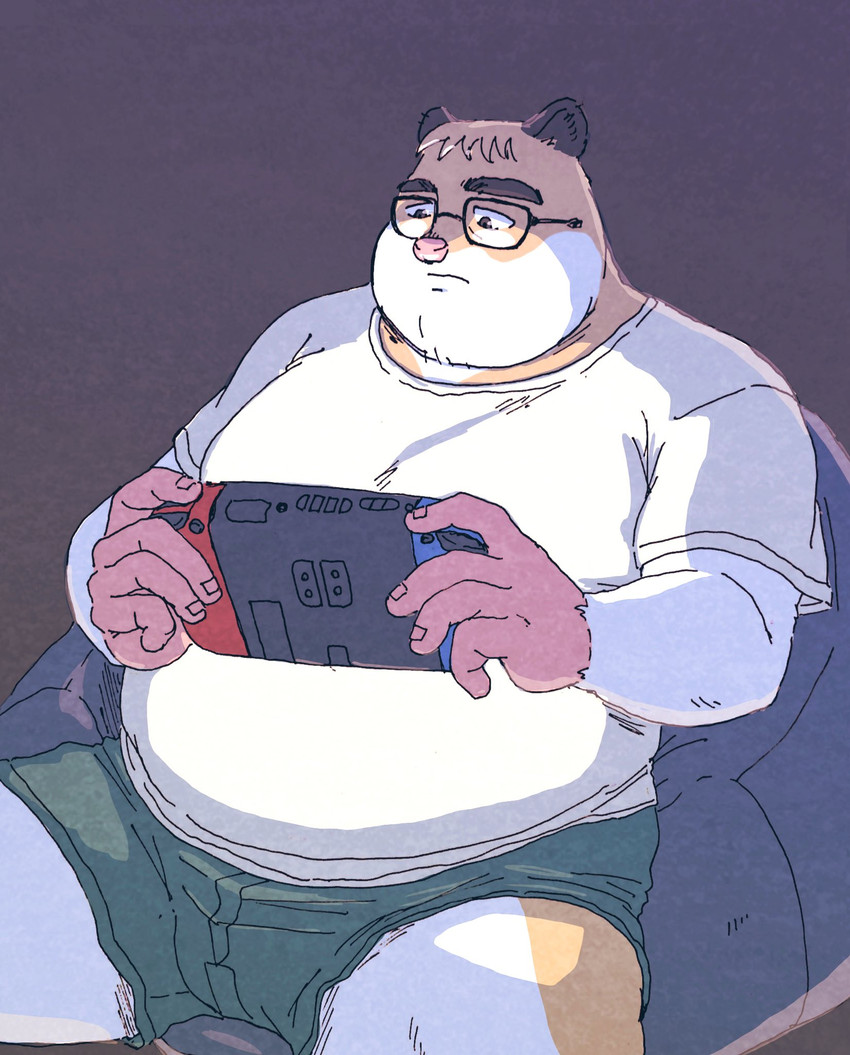 anthro bottomwear clothing electronics eyewear game_console glasses humanoid_hands kemono male overweight overweight_anthro overweight_male shirt shorts sitting solo topwear rentcg nintendo nintendo_switch cricetid hamster mammal rodent 2020 hi_res