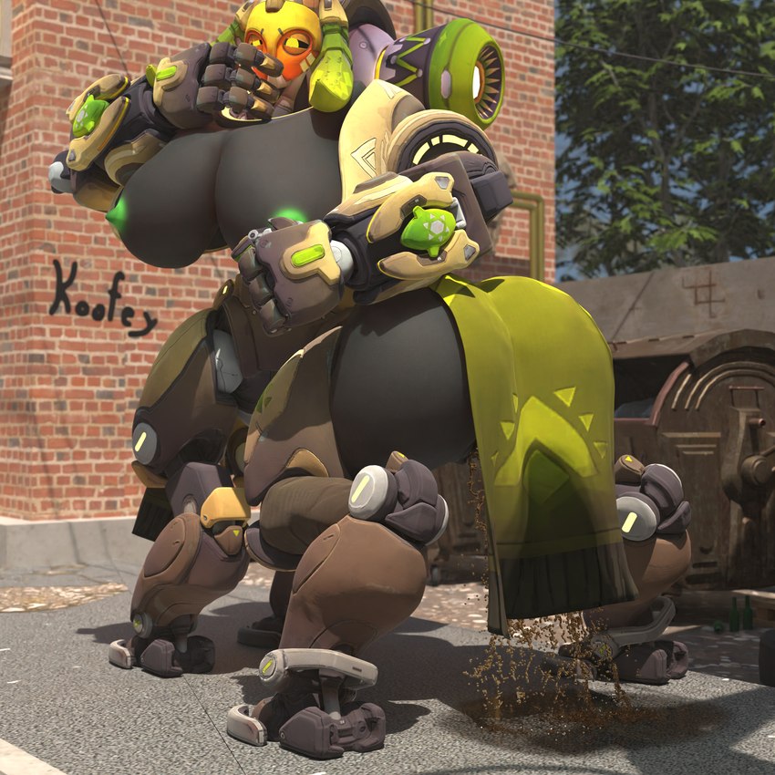 blush bodily_fluids breasts butt clothed clothing female genital_fluids genitals machine peeing plant puddle pussy solo street trash_can tree urine watersports wet wet_clothing wetting koofey blizzard_entertainment overwatch orisa_(overwatch) robot taur 1:1 3d_(artwork) absurd_res blender_(artwork) digital_media_(artwork) hi_res watermark