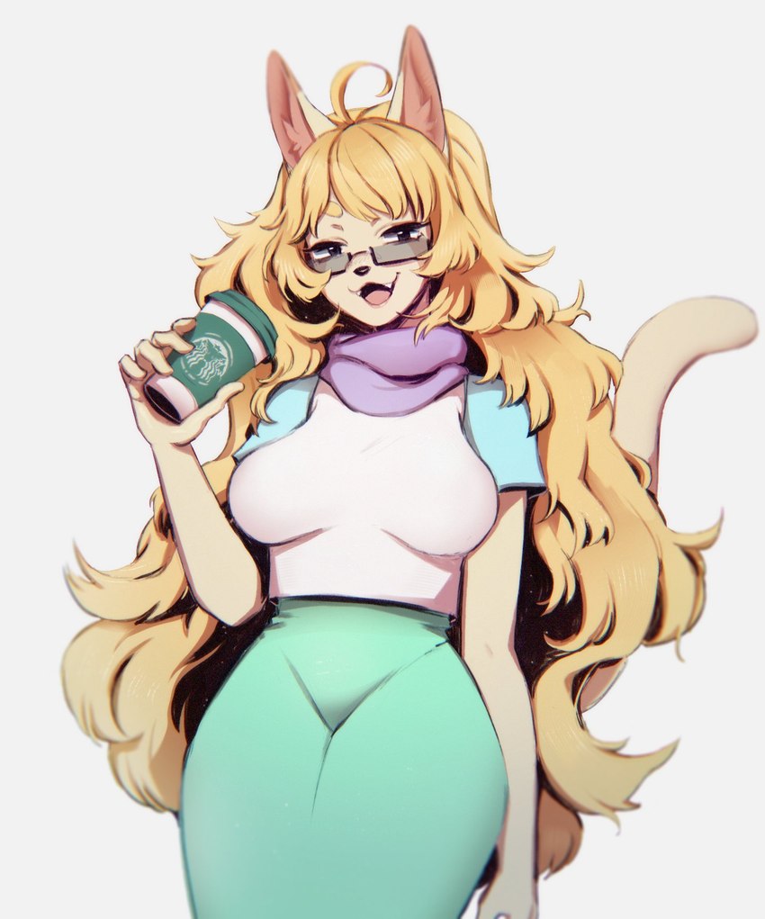 5_fingers anthro beverage black_nose blonde_hair breasts clothing cute_fangs eyewear fangs female fingers fur glasses hair holding_beverage holding_object long_hair looking_at_viewer open_mouth rectangular_glasses scarf shirt simple_background smile solo tan_body tan_fur teeth topwear white_background indigo_cho domestic_cat felid feline felis mammal 2018 hi_res