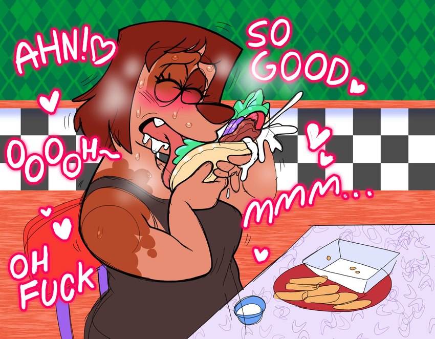 anthro blush bodily_fluids drooling female food food_fetish gyro_(food) heart_symbol humor licking licking_food looking_pleasured moan saliva solo suggestive suggestive_food tongue tongue_out vowelless vowelless_vocalization galactabee nikki_(galactabee) canid canine canis domestic_dog mammal 2022 hi_res