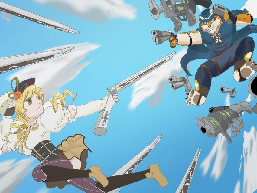 alternative_fashion anthro countershading duo female fight gun j-fashion lolita_(fashion) magical_girl_outfit male military_lolita ranged_weapon superhero weapon sesnfsg4mvqefgp lifewonders live_a_hero puella_magi puella_magi_madoka_magica barrel_(live_a_hero) mami_tomoe canid canine canis human mammal wolf 4:3