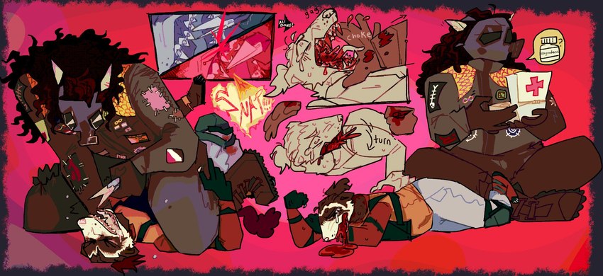 anthro blood bodily_fluids braces crying dental dental_torture duo excessive_blood first_aid_kit forced gas_mask gore leaking_blood male mask medical_instrument medkit pain scientific_instrument tears guncht domestic_ferret mammal mustelid musteline true_musteline weasel hi_res