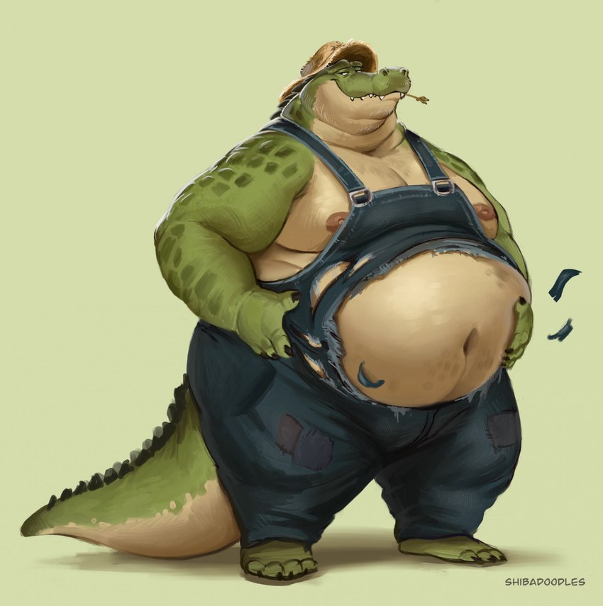 anthro belly big_belly chubby_cheeks clothing double_chin facial_hair fat_rolls green_body green_scales hand_on_belly hat headgear headwear male navel neck_rolls nipples non-mammal_nipples overalls overweight overweight_anthro overweight_male scales simple_background solo straw_hat tail torn_clothing shibadoodles alligator alligatorid crocodilian reptile scalie 2024 hi_res