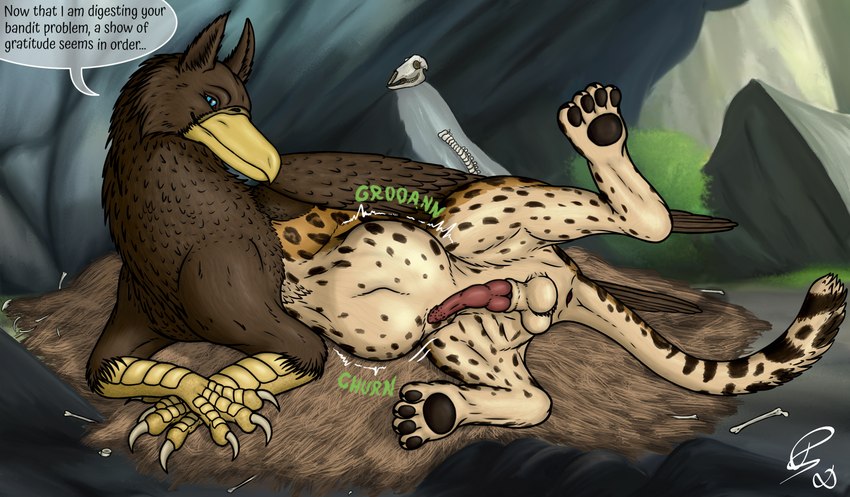 abdominal_bulge after_vore animal_genitalia anus balls beak belly big_belly blue_eyes bone brown_body brown_feathers death dialogue digestion_noises erection feathered_wings feathers feet feral feral_pred fully_inside fur genitals knot male male_feral male_pred markings pawpads paws penile_spines penis sheath skull solo speech_bubble spots spotted_body spotted_fur tail tail_anus talking_feral talking_to_viewer talons text toes vore wings dragonczech mythology belo_(fischie) avian gryphon mythological_avian mythological_creature english_text hi_res story story_in_description