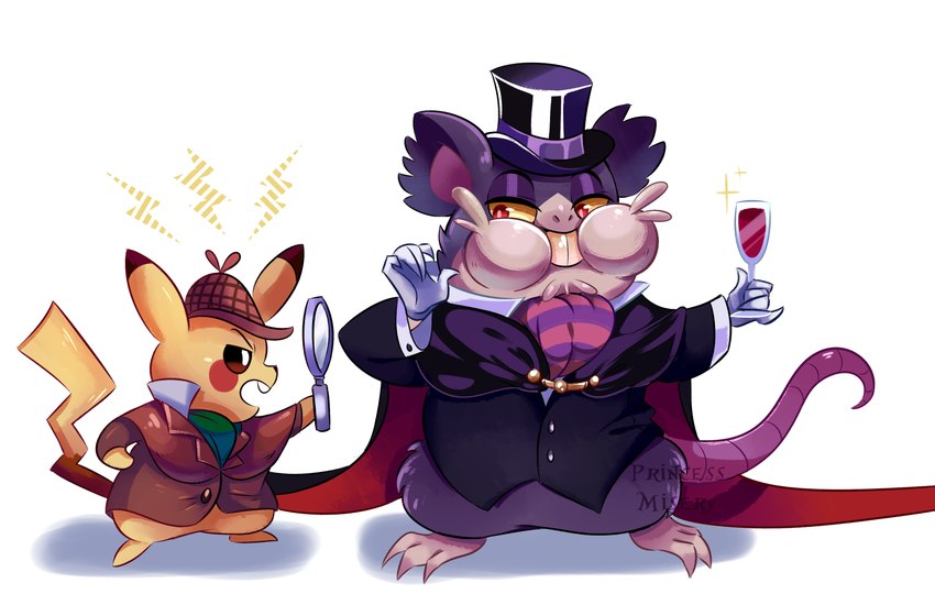 5_fingers anthro clothed clothing duo fingers hat headgear headwear holding_object magnifying_glass male tail top_hat princessmisery cc-by-nc-nd creative_commons disney nintendo pokemon the_great_mouse_detective detective_pikachu generation_1_pokemon mammal pikachu pokemon_(species) rodent absurd_res hi_res