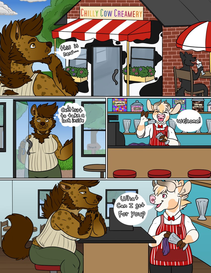 anthro duo female hairy ice_cream_parlor modern overweight text goldiescales anthony_(goldiescales) scaramouche_rotbelly bovid bovine cattle gnoll hyena mammal comic english_text hi_res trans_(lore) trans_man_(lore)