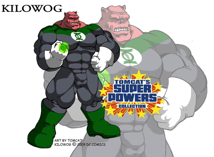 abs balls_outline boots bulge clothing detailed_bulge footwear genital_outline gloves green_lantern_ring handwear male muscular muscular_male pecs penis_outline pink_body pink_skin red_eyes shoes solo text tomcat_(artist) dc_comics green_lantern_(series) kilowog alien bolovaxian 2009 english_text hi_res