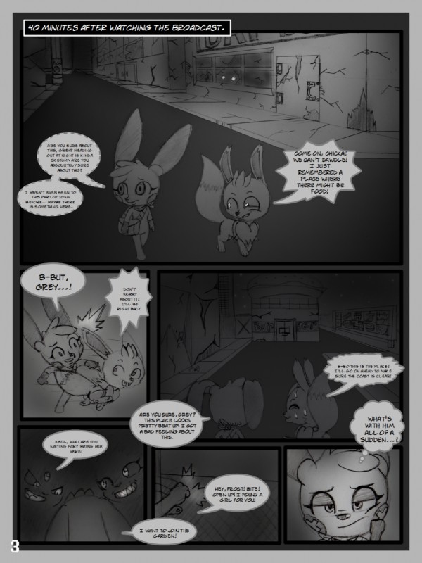 border dialogue fan_comic female garden_of_eden grey_border semi-anthro text bluebean nintendo pokemon chicka_the_plusle fan_character grey_the_eevee eevee generation_1_pokemon generation_2_pokemon generation_3_pokemon plusle pokemon_(species) sneasel comic english_text greyscale hi_res monochrome unavailable_at_source