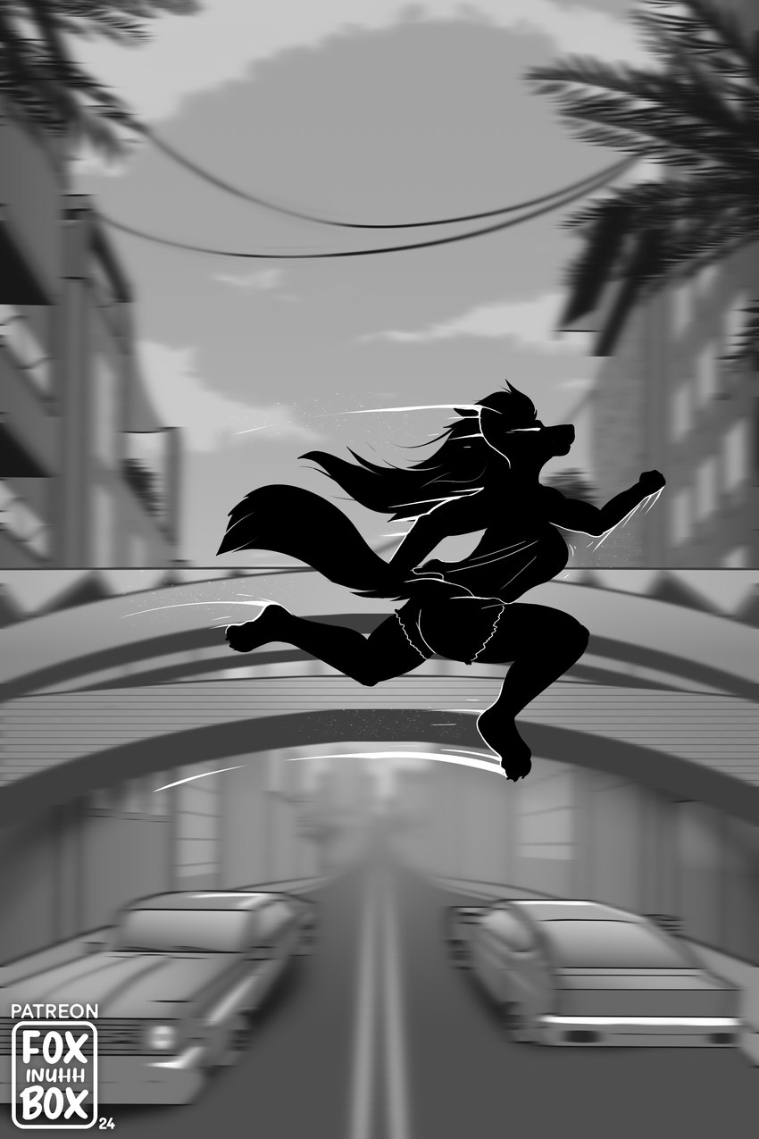 bridge car city clothed clothing jumping running vehicle foxinuhhbox zmeydros canid canine fox mammal absurd_res black_and_white hi_res monochrome