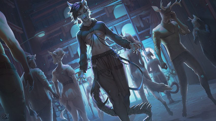 anthro antlers breasts clothed clothing detailed_background female horn looking_at_viewer night outside smile okithau canid canine canis deer domestic_dog hybrid mammal 16:9 widescreen