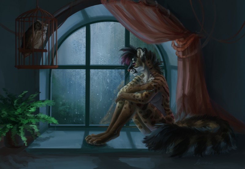 anthro bird_cage black_hair breasts digitigrade duo ear_piercing ear_ring female feral fur hair inside markings nude piercing purple_eyes raining ring_piercing sitting sleeping spots spotted_body spotted_fur window window_seat akineza alyxis avian bird felid feline mammal owl serval 2018 digital_media_(artwork)