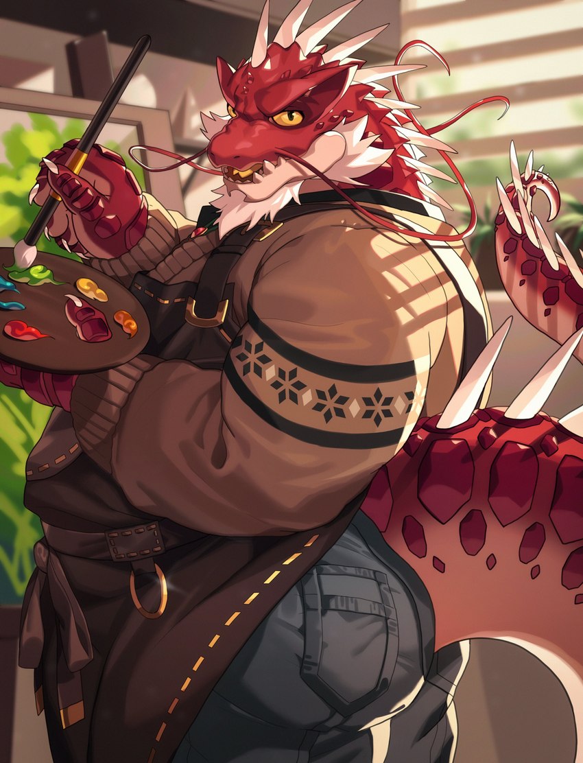 anthro apron beard big_butt bottomwear butt clothing denim denim_bottomwear denim_clothing facial_hair horn jeans male mature_male overweight overweight_male painter painting pants red_body red_scales scales solo sweater topwear yed lifewonders tokyo_afterschool_summoners itzamna_(tas) iguana iguanid lizard reptile scalie 2023 absurd_res hi_res