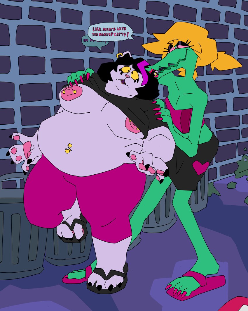 accident accidental_exposure anthro belly big_belly big_breasts black_hair blonde_hair breasts claws clothed clothing dialogue duo exposed_breasts female finger_claws footwear fur green_body green_scales hair mistaken_identity navel navel_piercing nipple_piercing nipples obese obese_anthro obese_female overweight overweight_anthro overweight_female pawpads piercing raised_clothing raised_shirt raised_topwear sandals scales shirt shoes text toe_claws topwear white_body white_fur peeppepi deltarune undertale_(series) bratty_(undertale) catti_(deltarune) alligator alligatorid crocodilian domestic_cat felid feline felis mammal reptile scalie 2024 4:5 absurd_res english_text hi_res