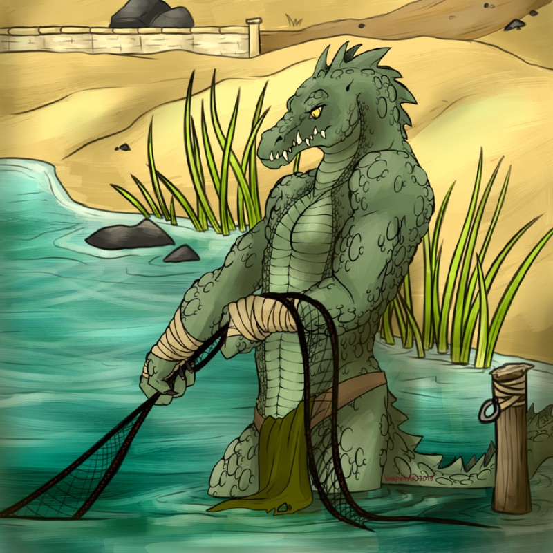 anthro bottomwear claws clothed clothing desert egyptian fishing fishing_net green_body green_scales holding_net loincloth male muscular muscular_anthro muscular_male net partially_clothed scales solo spiked_tail spikes spikes_(anatomy) standing tail teeth wraps vampirika naz'akh alligator alligatorid crocodilian reptile scalie 1:1 2018