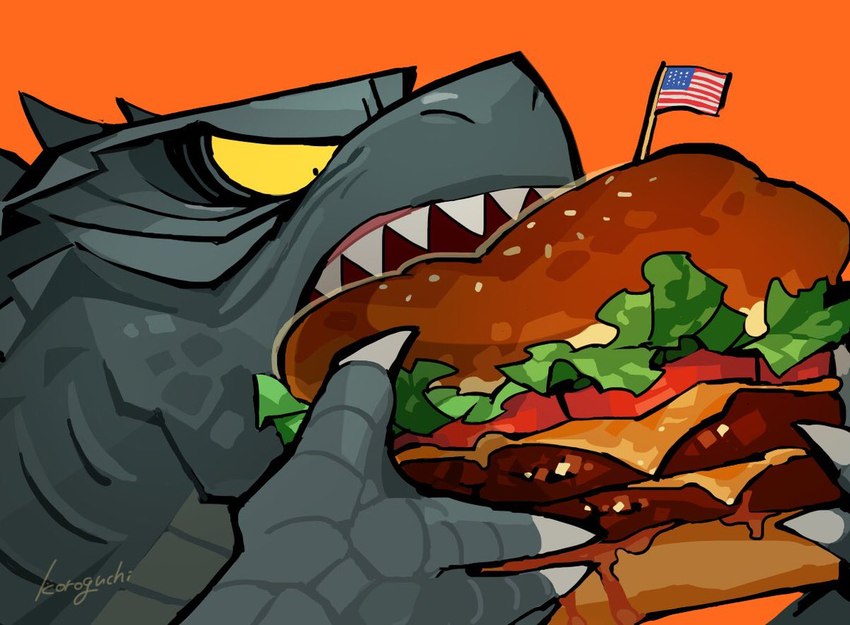 american_flag angry big_food bite black_eyes bread burger cheese claws close-up comically_large_object dairy_products detailed_food eating eating_food flag food fruit gills grease grey_body grey_nose grey_scales grey_skin gums holding_burger holding_food holding_object lettuce looking_down male meat neck_gills nude open_mouth orange_background plant pupils raised_arm raised_arms scales sesame_seeds shadow sharp_teeth simple_background small_pupils solo spikes spikes_(anatomy) star stripes teeth tomato united_states_of_america vegetable yellow_sclera koroguchi godzilla_(series) toho godzilla godzilla_(2014) kaiju monster reptile scalie 2018 detailed portrait signature