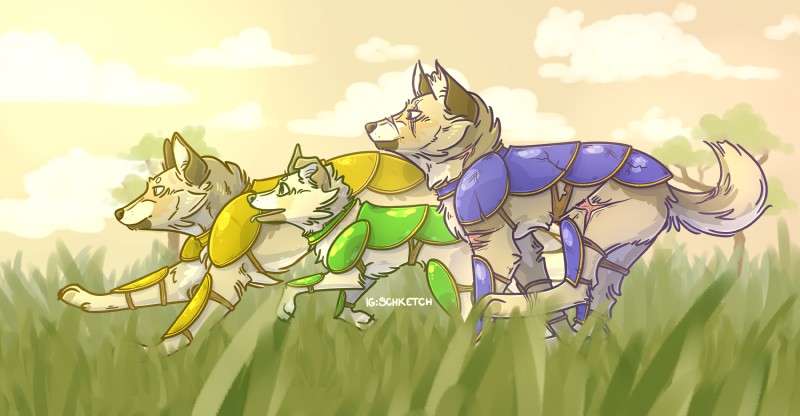 ambiguous_gender armor grass group outside plant running scar trio sketchettte microsoft minecraft mojang pewdiepie xbox_game_studios sven's_bf sven_(pewdiepie) svenson canid canine canis domestic_dog mammal hi_res