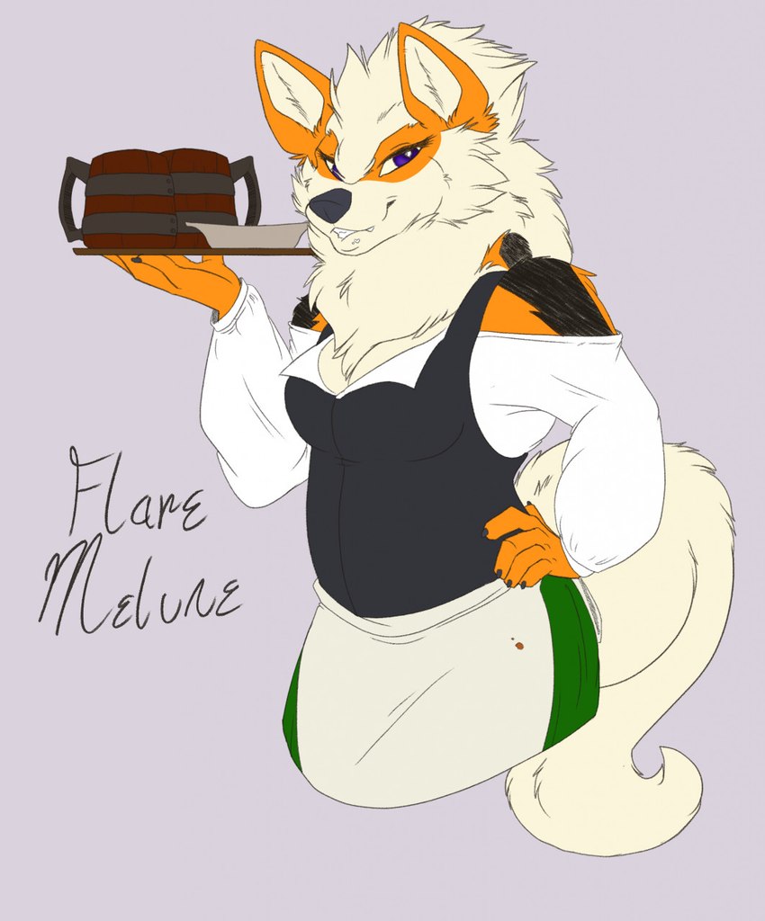 anthro anthrofied apron bar_maid bare_shoulders clothing female fluffy fluffy_tail pokemorph purple_eyes solo tail tray possumgod nintendo pokemon flare_melune arcanine generation_1_pokemon pokemon_(species) hi_res