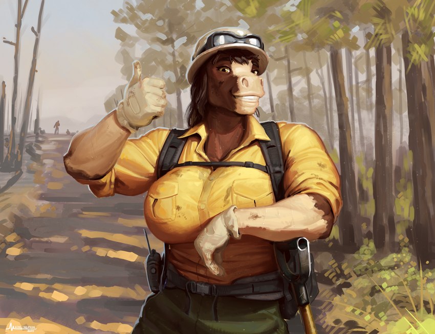 anthro armor backpack big_breasts bottomwear breasts brown_eyes brown_hair clothing electronics eyewear female firefighter firefighter_uniform forest forest_background gesture gloves goggles green_bottomwear green_clothing green_pants hair hand_gesture handwear hard_hat headgear helmet nature nature_background pants plant shirt shovel smile solo standing thumbs_up tools topwear tree uniform walkie-talkie yellow_clothing yellow_shirt yellow_topwear greasymojo leslie_ward_(spyglass8) clydesdale draft_horse equid equine horse mammal 2024 digital_media_(artwork) hi_res