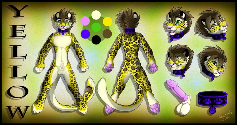 animal_genitalia anthro balls biped black_border border collar erection fur genitals hair looking_at_viewer male nude penile_spines penis penis_tip sheath simple_background smile solo gard3r yellow_(character) felid leopard mammal pantherine 2015 model_sheet