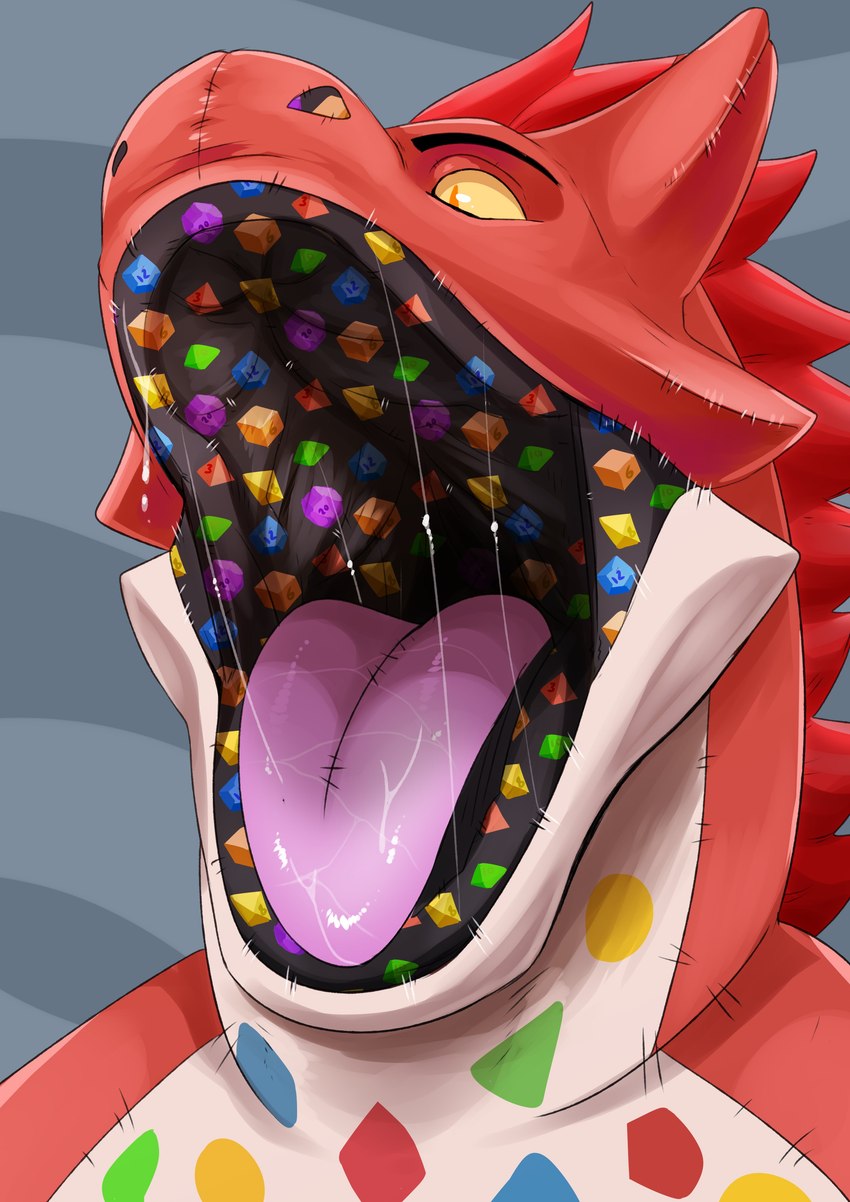 abstract_background ambiguous_gender anthro bodily_fluids buccinator d10 d12 d20 d4 d6 d8 dice dice_in_mouth dice_print fabric mouth_shot no_sclera open_mouth patterned_fur plushie pupils purple_tongue red_body red_pupils saliva saliva_string seam_(sewing) slit_pupils solo tongue yellow_eyes imperatorcaesar animate_inanimate living_plushie absurd_res bust_portrait hi_res portrait