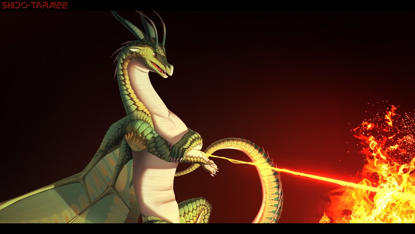 black_bars burning female feral fire green_body green_scales scales simple_background solo tail conditional_dnp shido-tara mythology wings_of_fire luna_(wof) dragon mythological_creature mythological_scalie scalie silkwing_(wof) hi_res letterbox