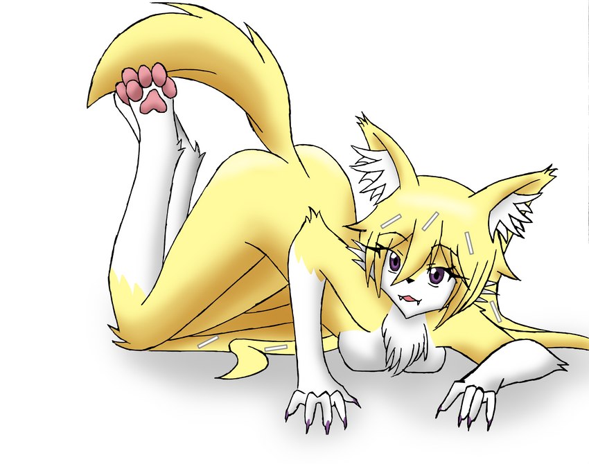 anthro ass_up blonde_hair butt chest_tuft claws dandruff fangs female gloves_(marking) hair inner_ear_fluff leg_markings long_hair looking_at_viewer markings nude open_mouth purple_claws purple_eyes simple_background socks_(marking) solo teeth tuft white_background nikku_lunatique ouko_furinji canid canine canis fox mammal hi_res